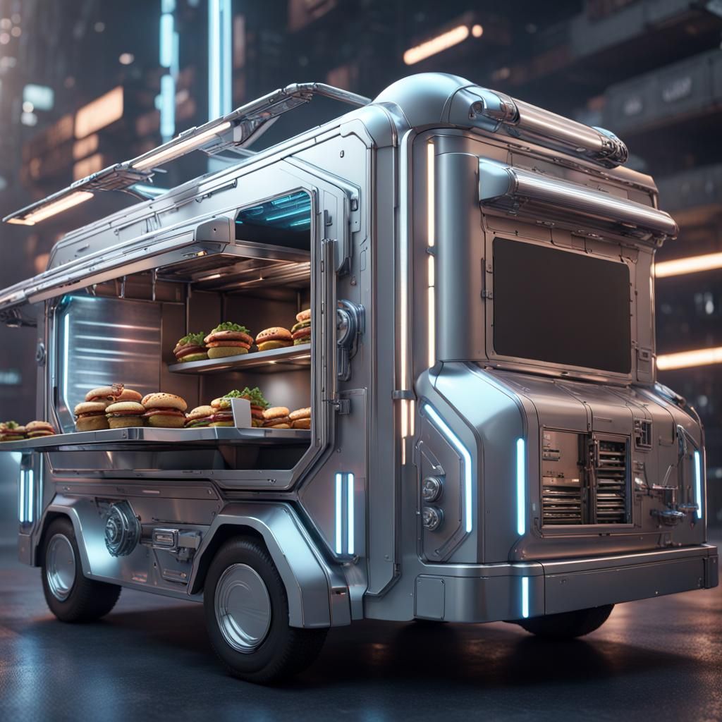 Futuristic Food Truck with Intricate Mech Details