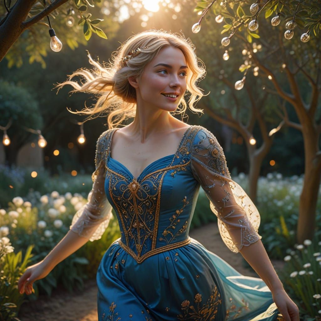 Joyful Woman in Victorian Dress Runs Through Garden at Golde...