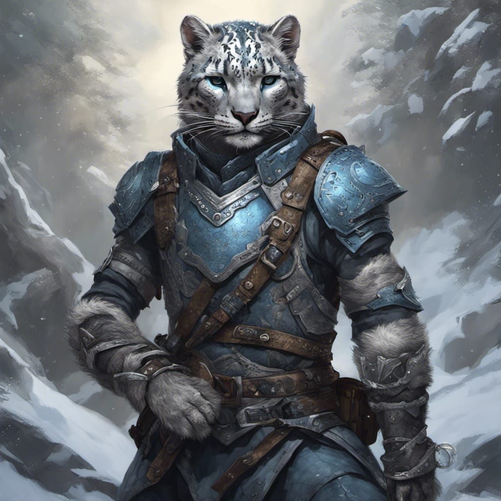 Snow Leopard Tabaxi Ranger in Dark Fantasy Style