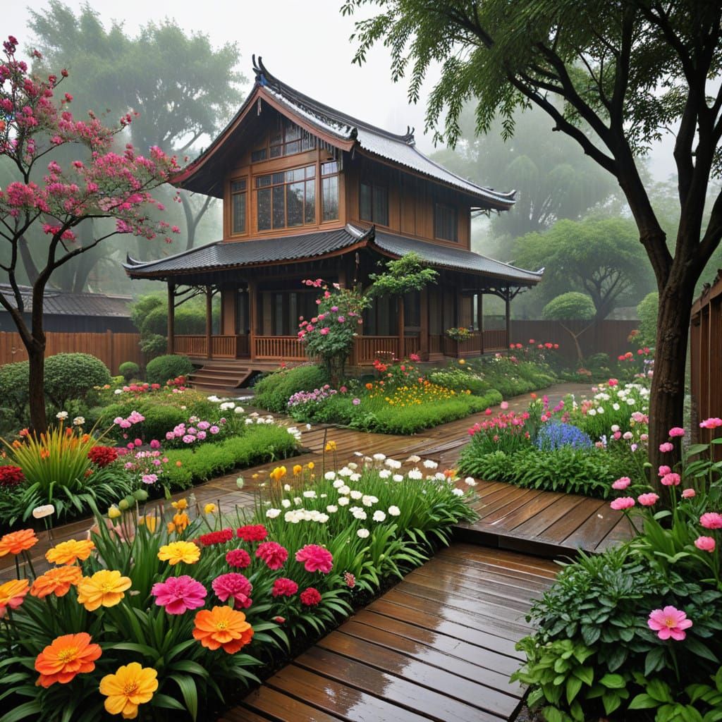 Whimsical Oriental Garden in the Rain