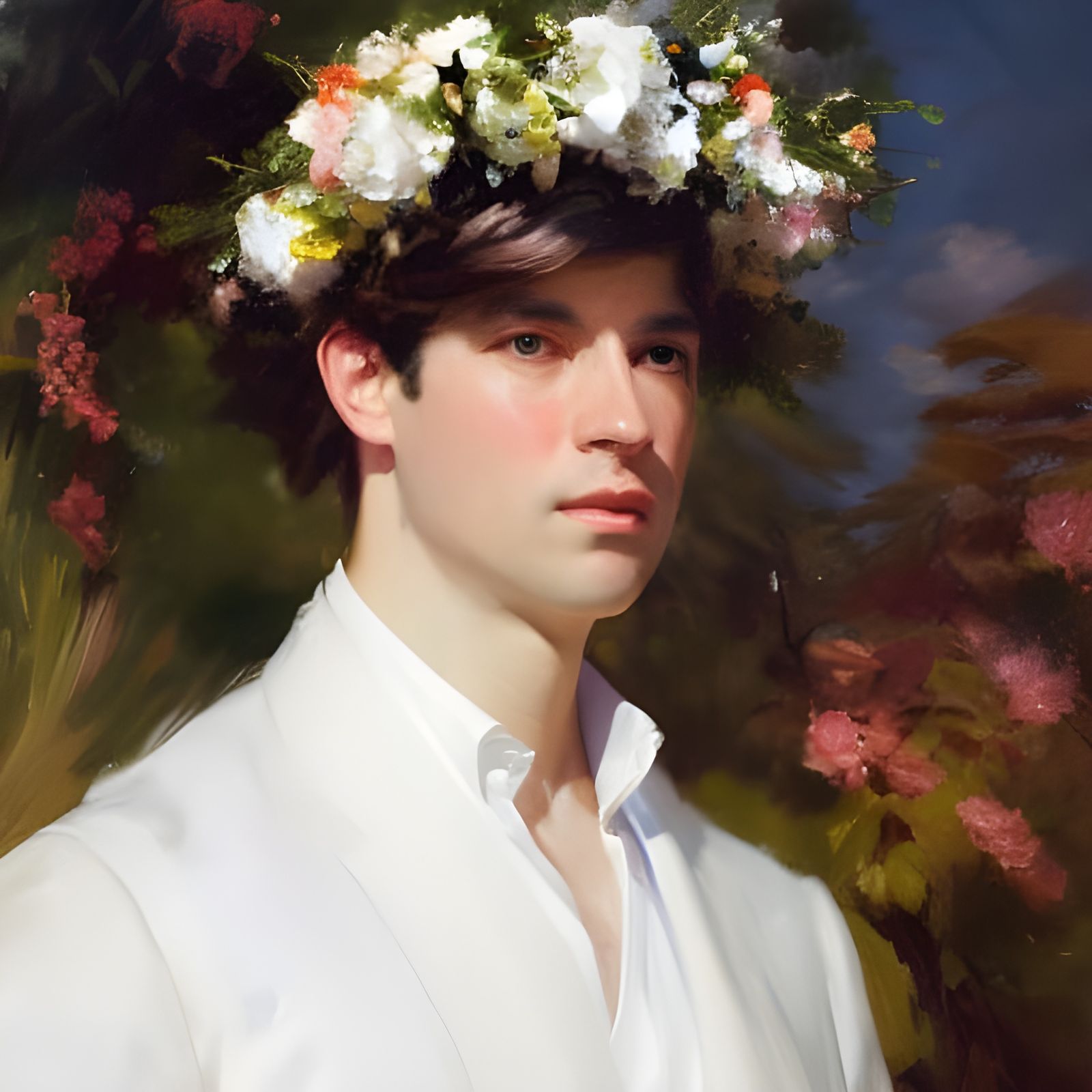 Man in Flower Crown: Impressionistic Impasto Portrait