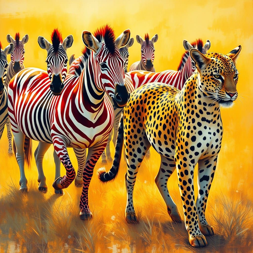 Zebras and Leopard Roam African Grasslands in Vibrant Color