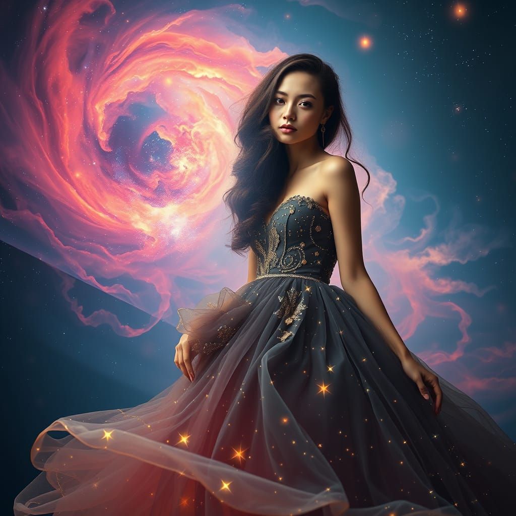 Nebula Portrait of Woman in Flowing Starry Gown