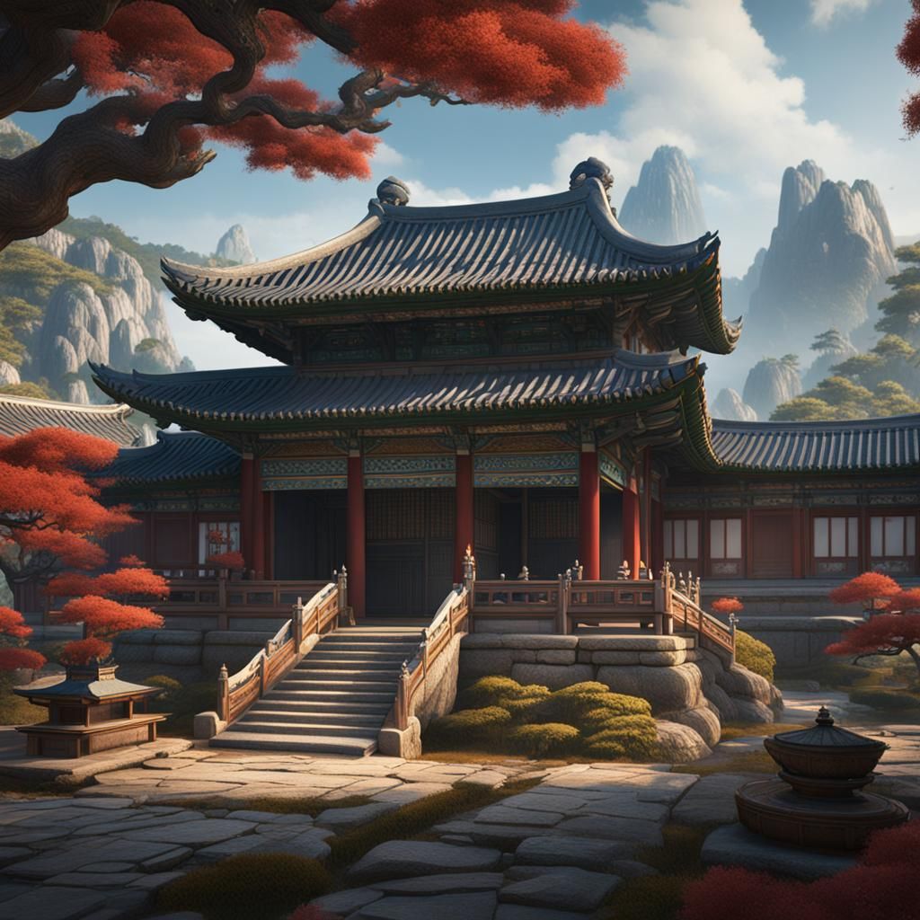 Korean Palace Bonsai Display: Fantasy Concept Art