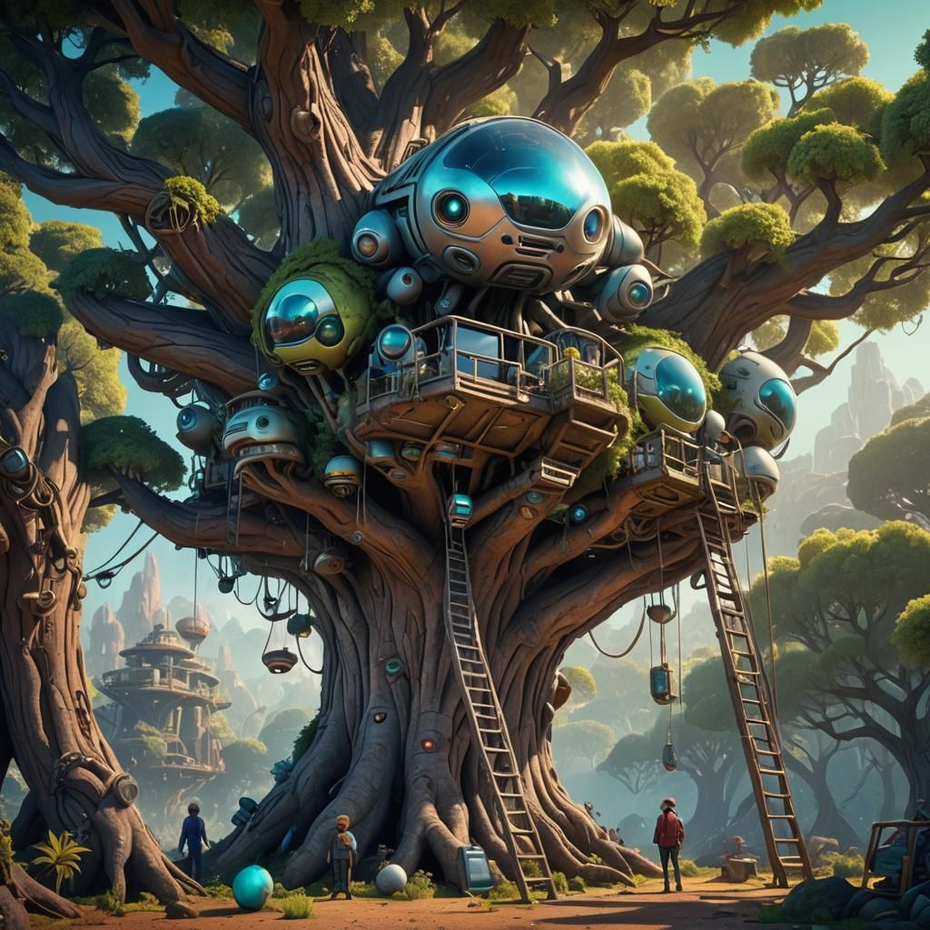 Futuristic Alien Caravan in Treehouse: 3D Digital Art