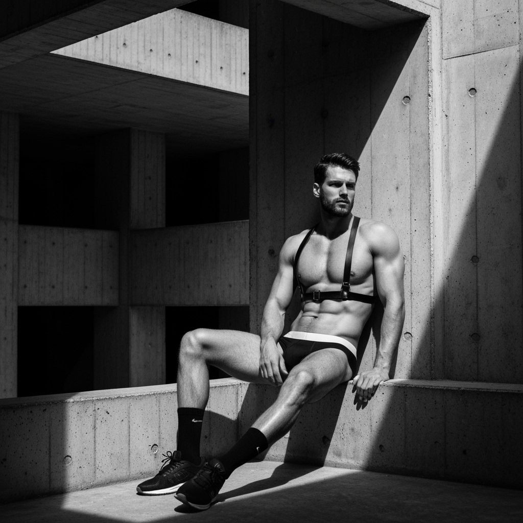 Moody Portrait of Muscular Man in Brutalist Interior