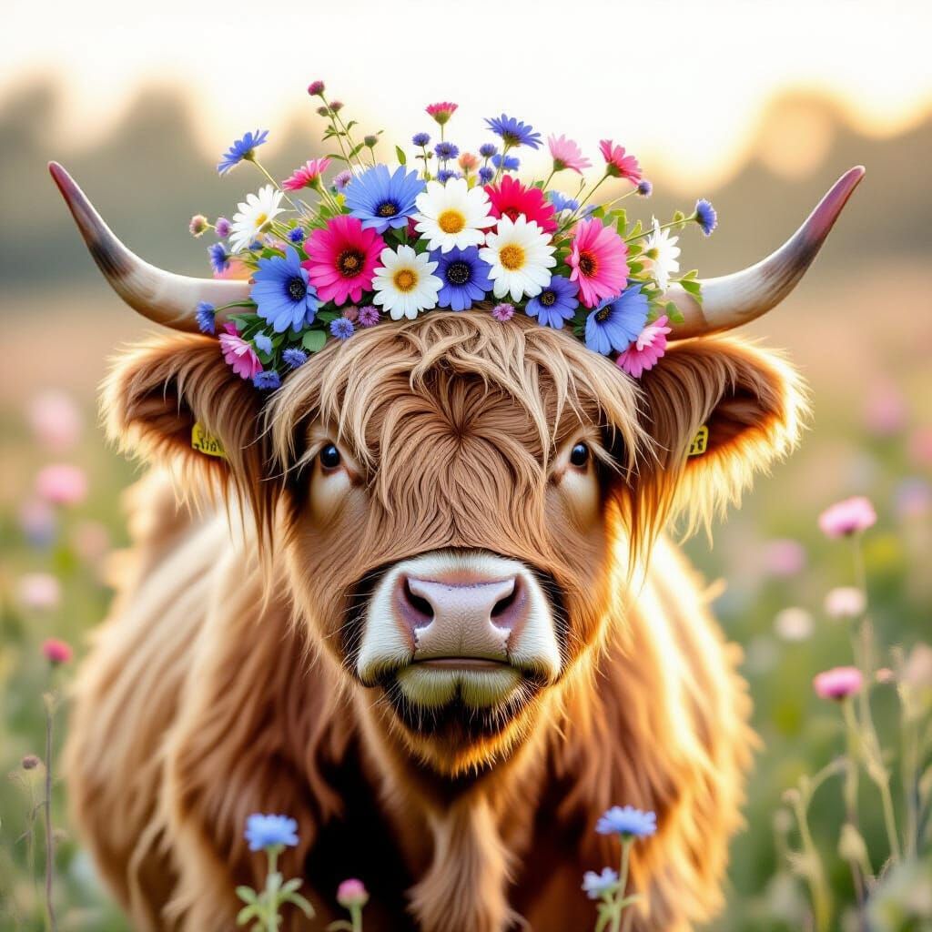 Highland Cow Crowned with Whimsical Wildflowers