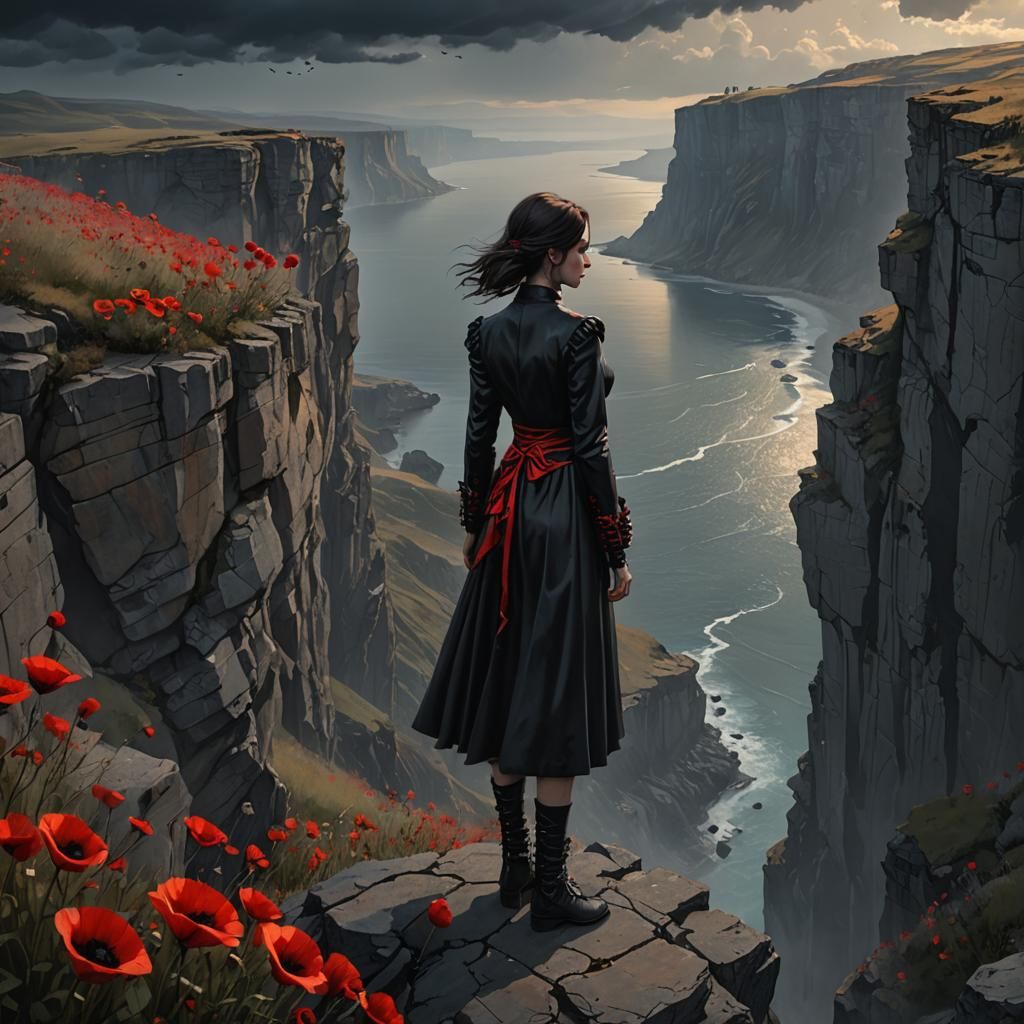 Gothic Girl on Cliff Edge in Dark Fantasy Art