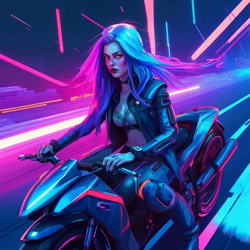 Cyberpunk Android Girl on Synthwave Highway