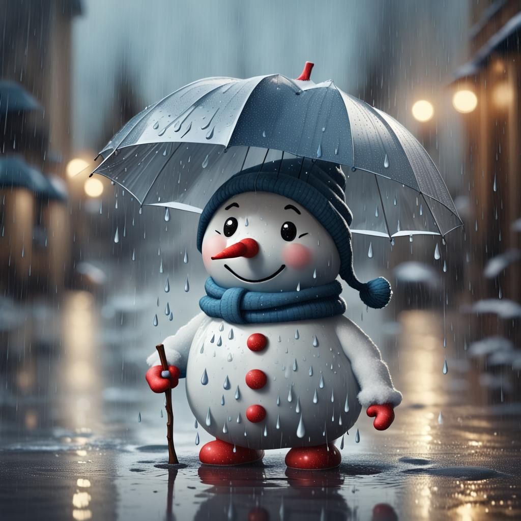 Snowman Melts in Torrential Rain: Dreamy Digital Art