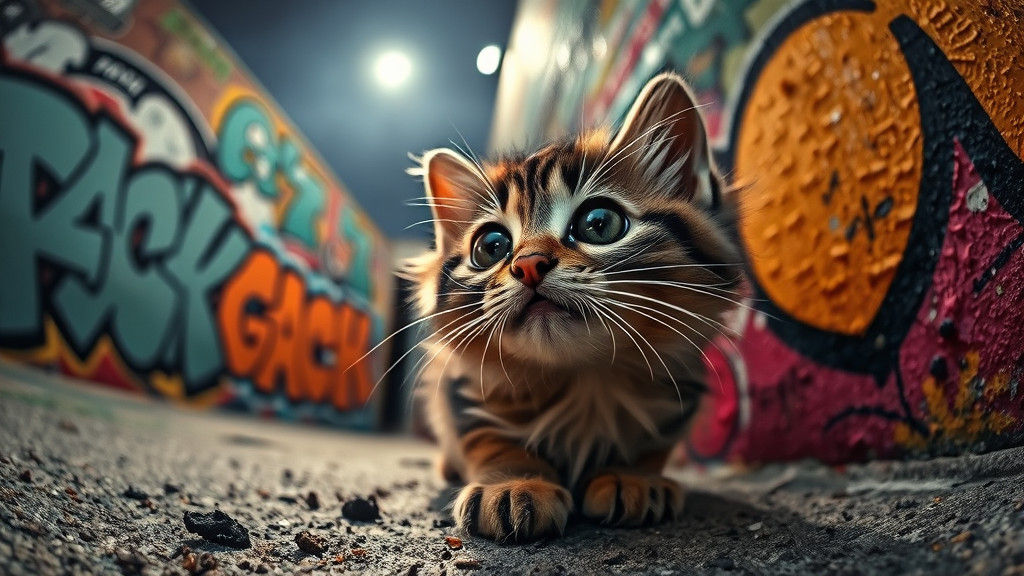 Kitten Gazes at Graffiti Art Under Midnight Moon