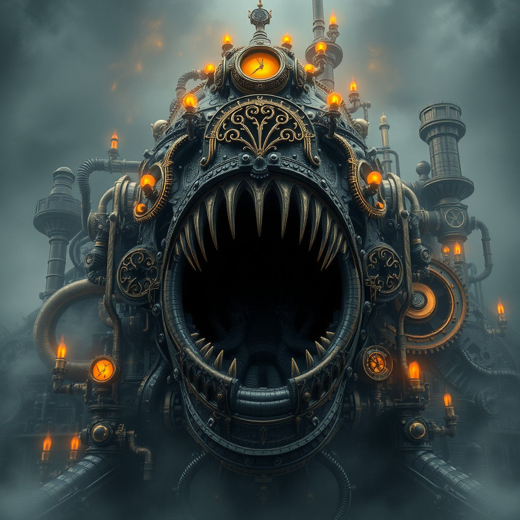 Steampunk Engine with Dark Maw in Dreamlike Style