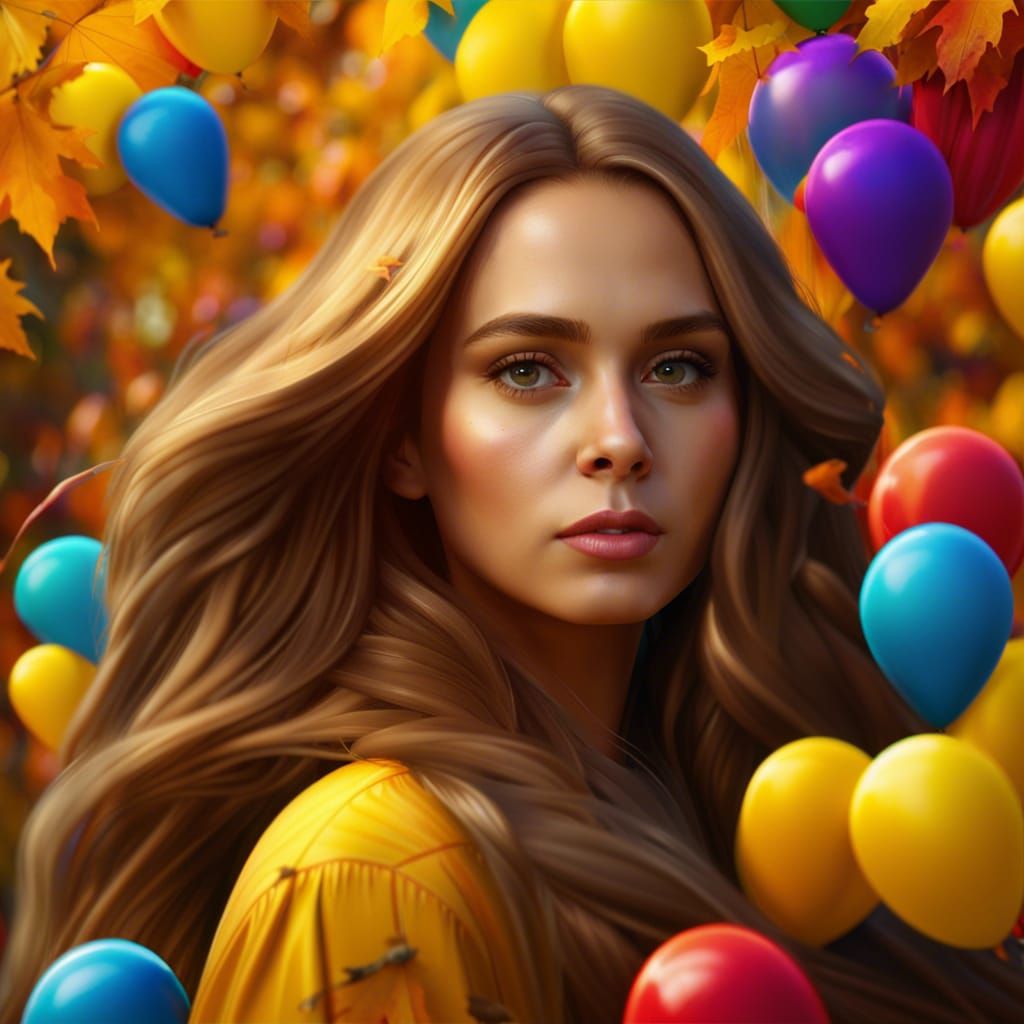 Beautiful Woman with Balloons in Autumn Maple Leaves