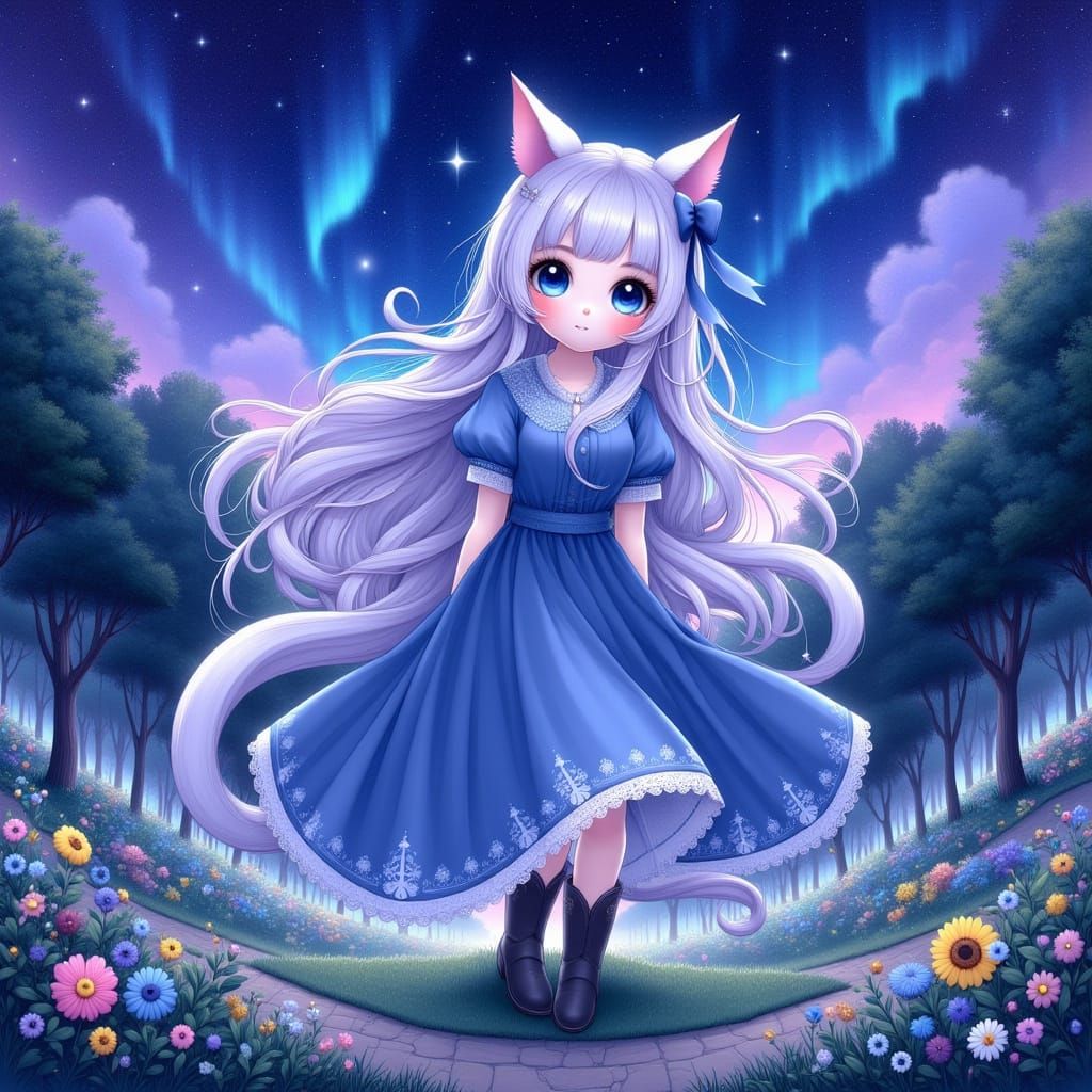 Dreamy Catgirl Under Starry Night Sky