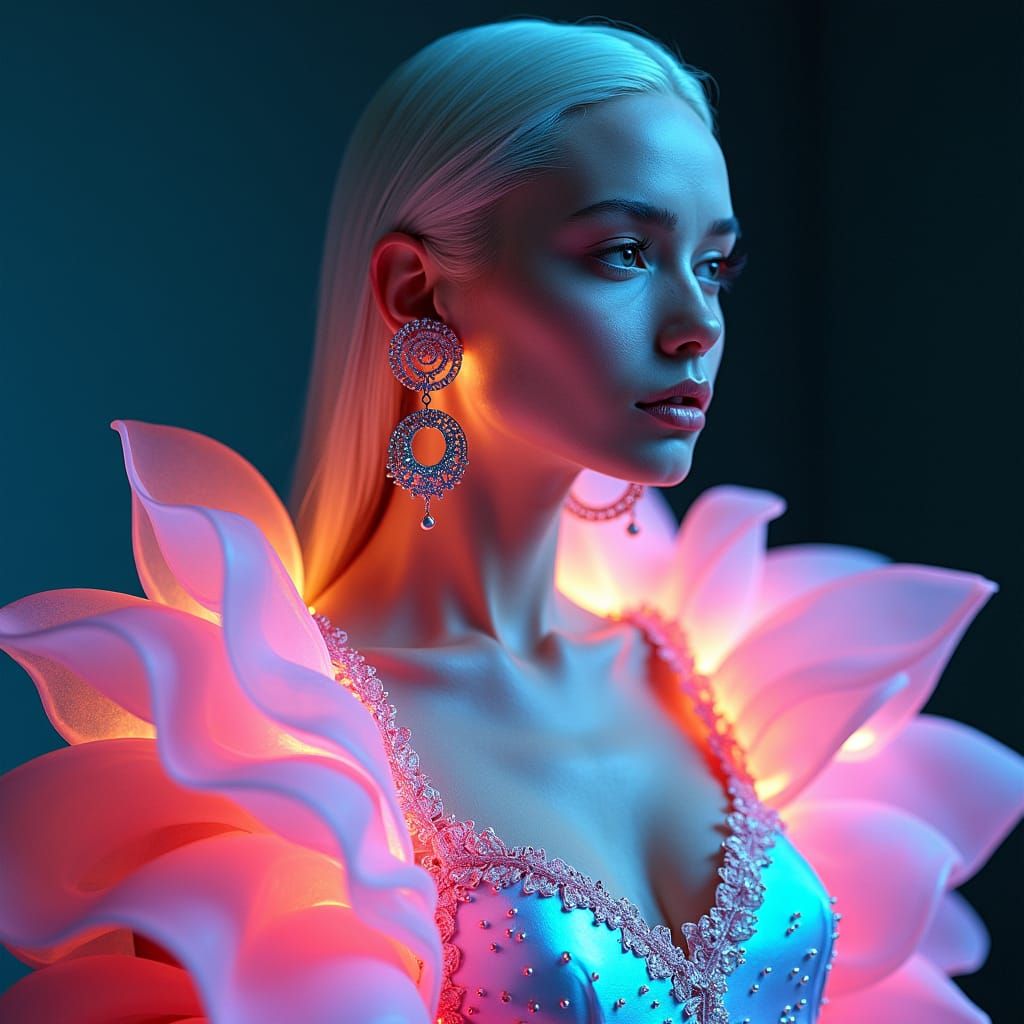 Futuristic Woman in Iridescent Gown, Digital Art