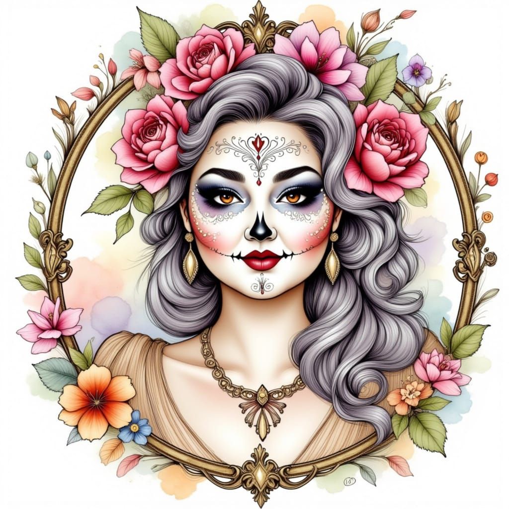Watercolor Portrait: Plus Size Woman in Skull Makeup