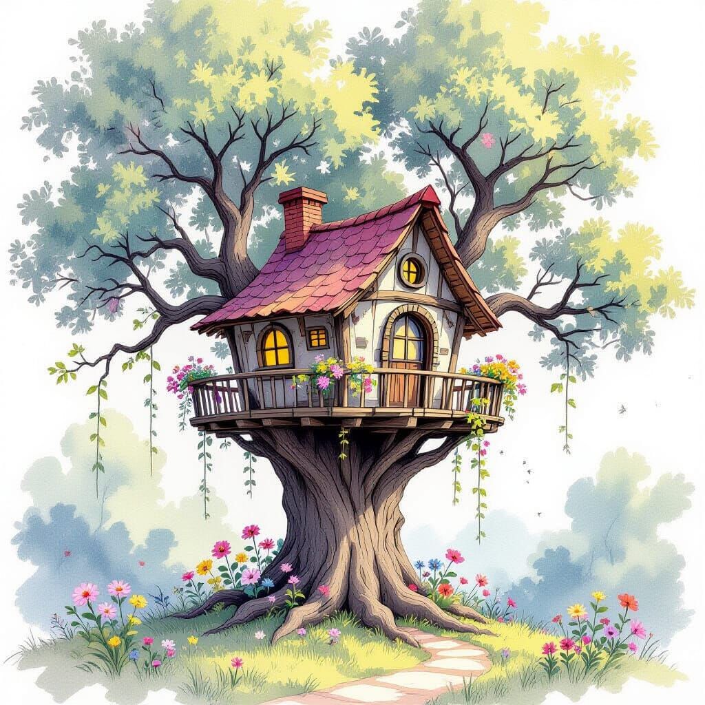 Whimsical Treehouse in Charcoal Sketch with Pastel Colors