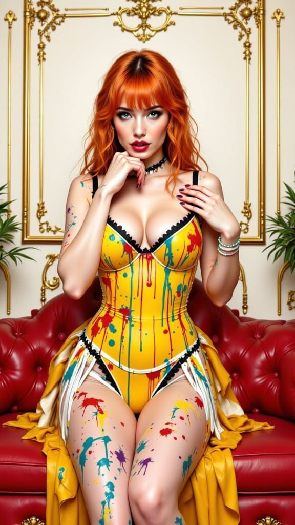 Woman Bathed in Vibrant Dripping Paint, Artistic Style