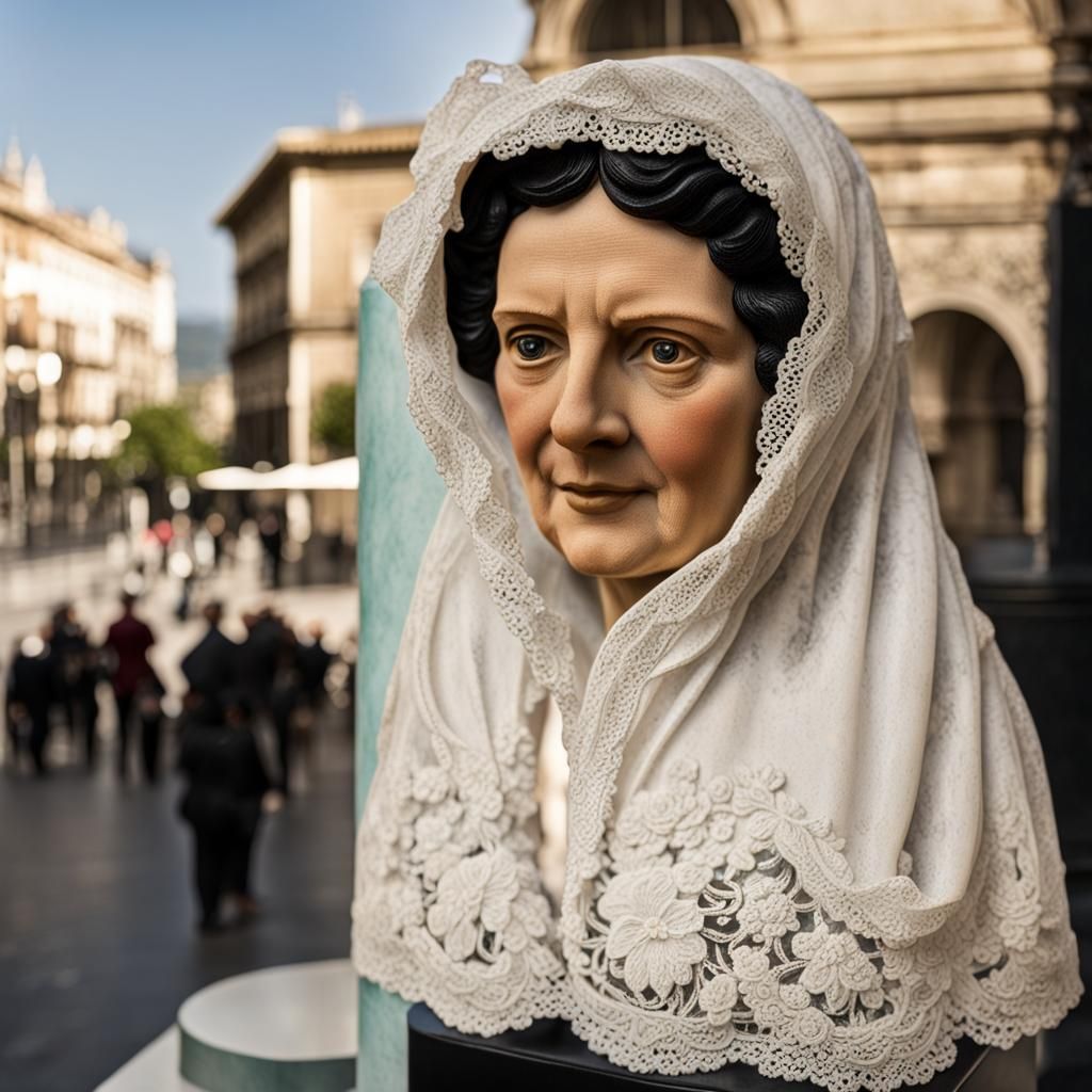 Spanish Lady Marble Statue with Lace Mantilla