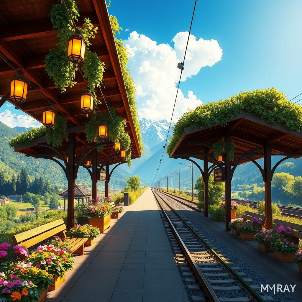 Whimsical Train Station Oasis in Vibrant Bloom