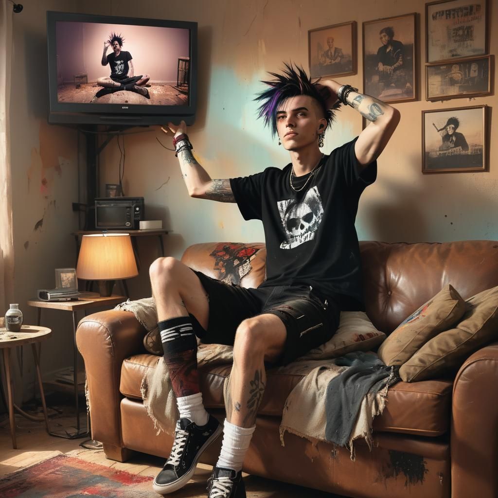Punk Rocker on Couch in Splash Art Style