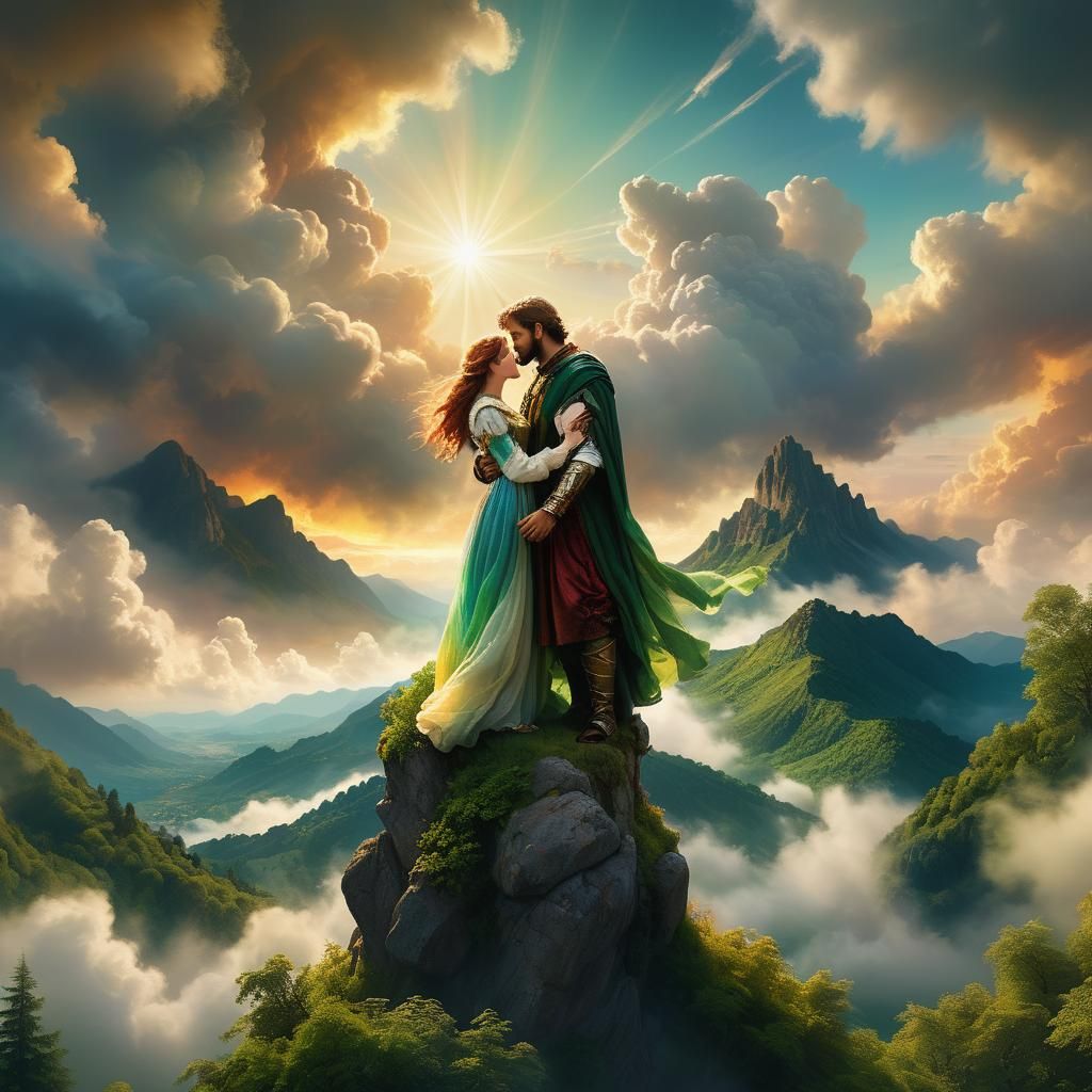 Embrace in the Clouds: A Pre-Raphaelite Painting