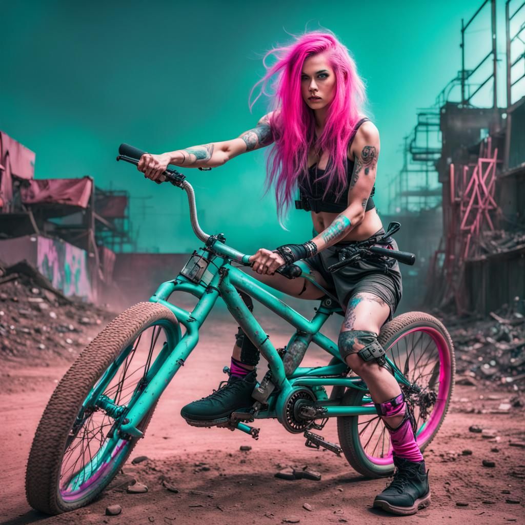 Cyberpunk Woman on BMX in Post-Apocalyptic Wasteland
