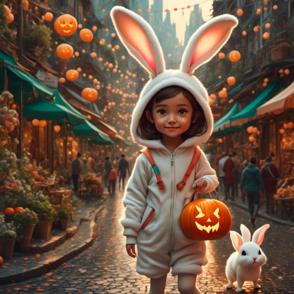 Girl in Bunny Costume Trick-or-Treating: Photorealistic Matt...