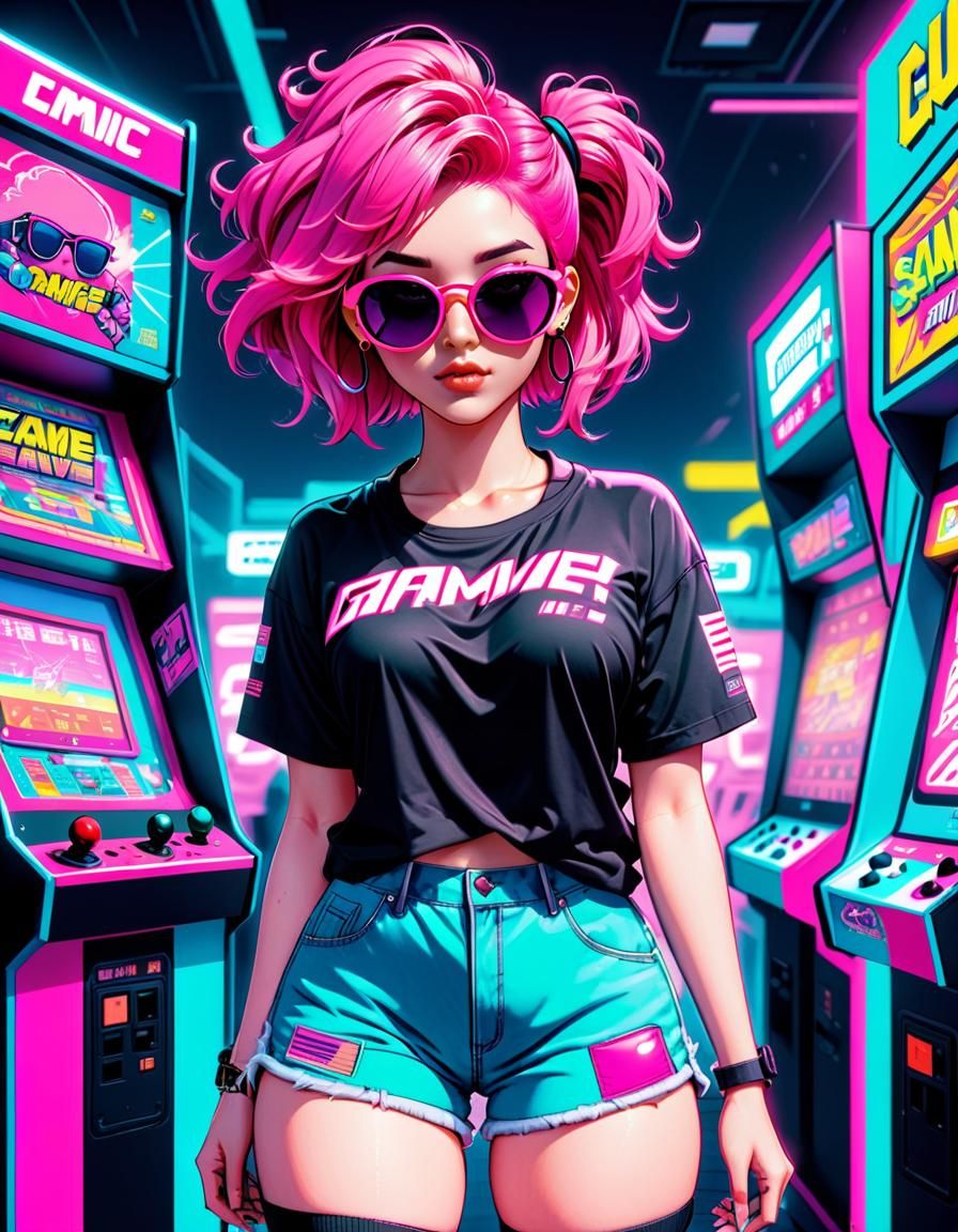 Cute Vaporwave Gamer Girl in Neon Arcade