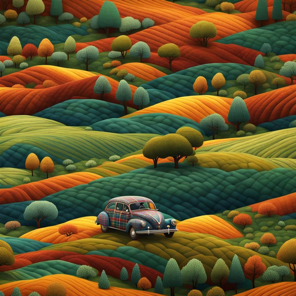 Tartan Car in Quilted Landscape: Surreal Folk Art