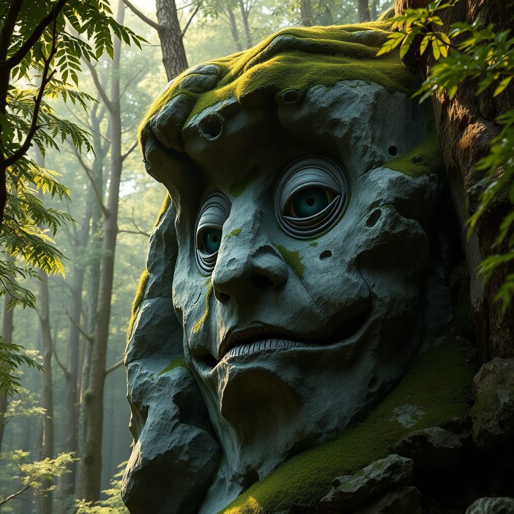 Weathered Rock Face in Enchanted Forest, a Masterpiece of Na...