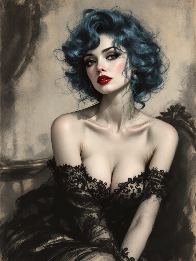 Ethereal Woman in Lavish Setting, Charcoal Sketch