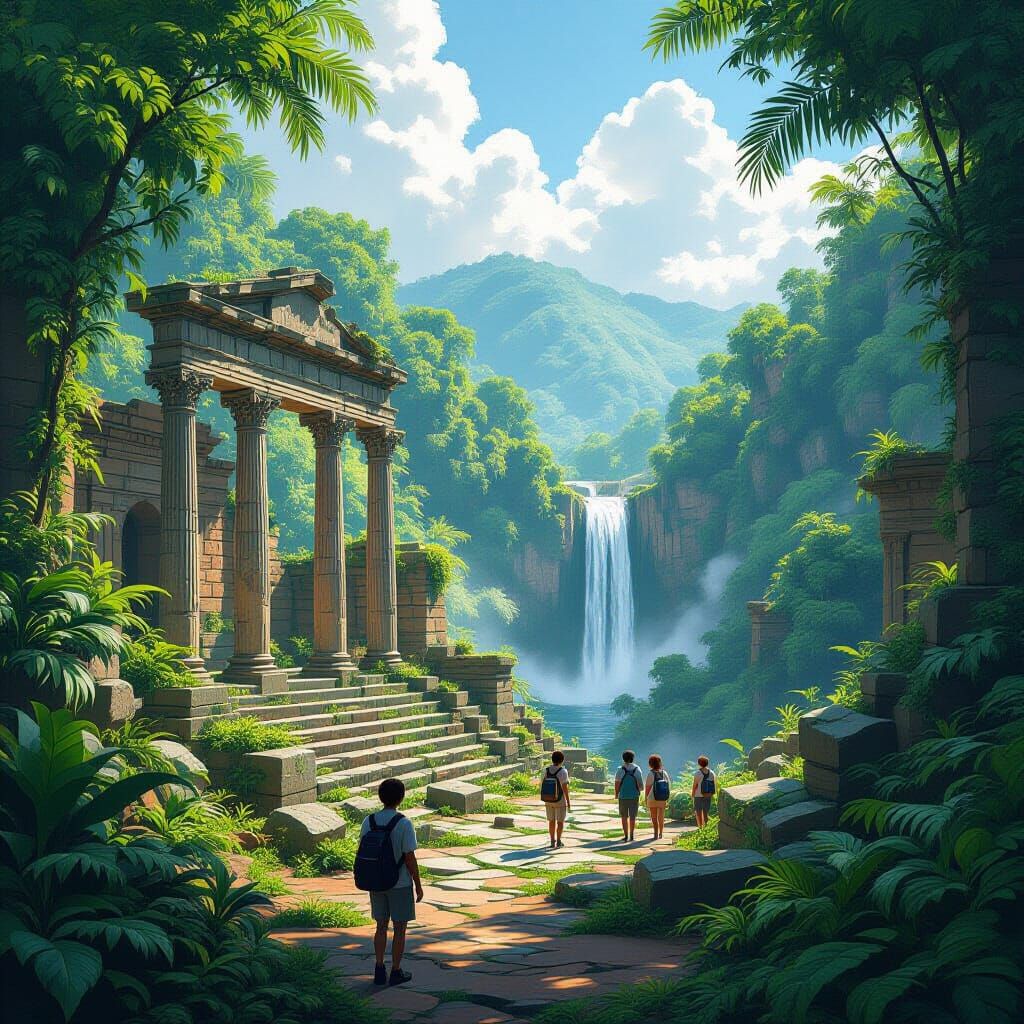 Tropical Jungle Envelops Roman Ruins: Hyperrealistic Render