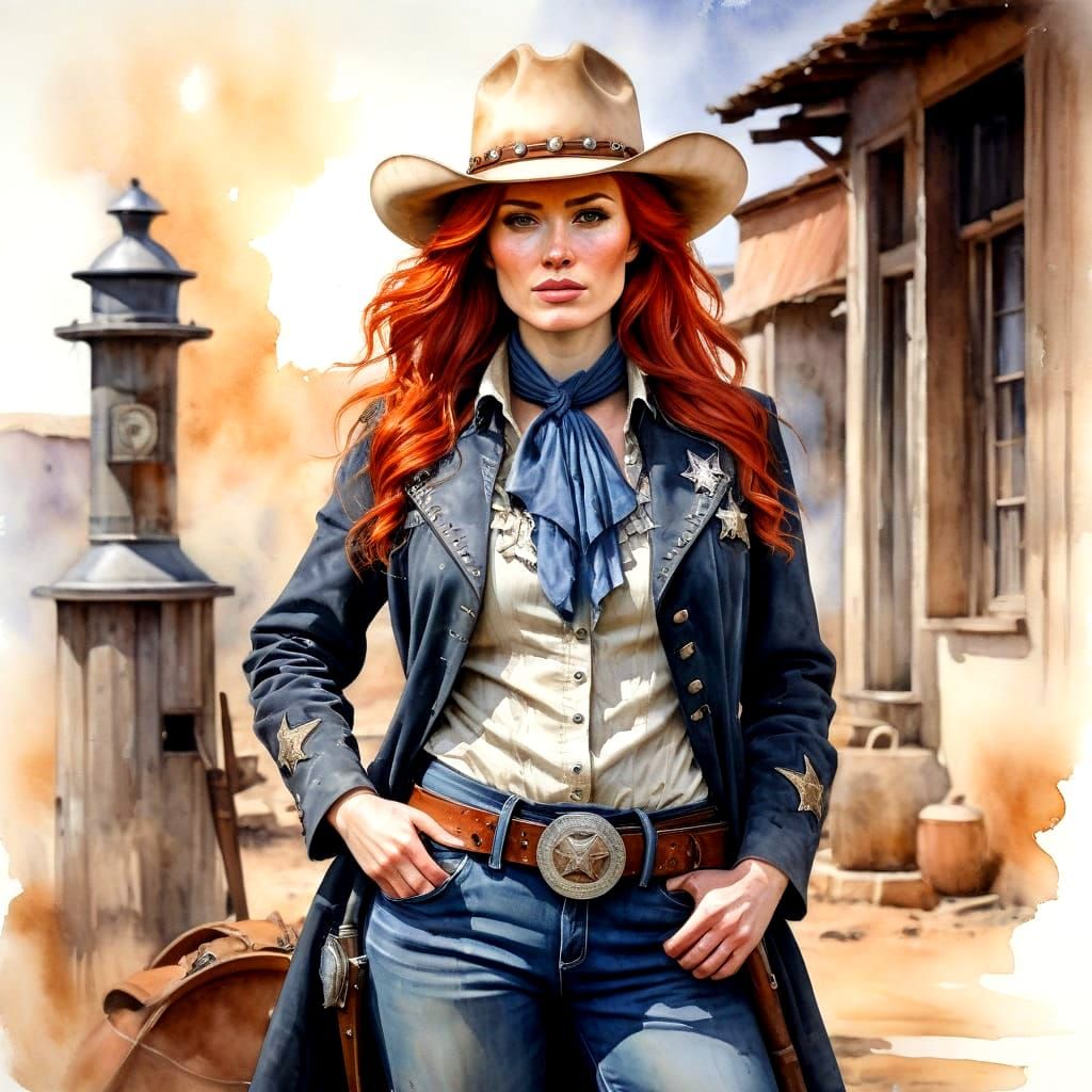 Old West Gunfighter Woman Realistic Watercolor Portrait