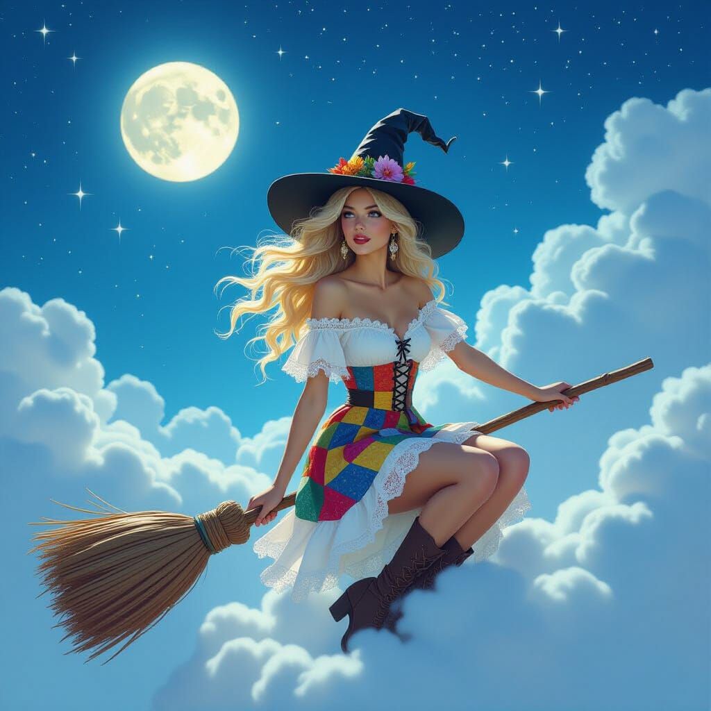 Boho Witch Rides Broom Through Starry Night Sky