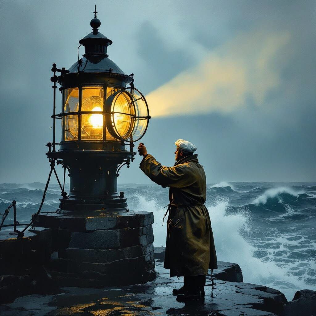 Lighthouse Keeper Polishing Lantern in Stormy Sea