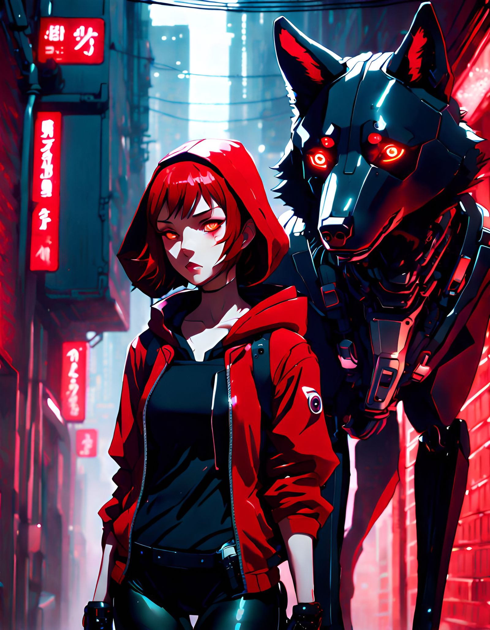 Cyberpunk Anime Little Red Riding Hood and Robotic Wolf