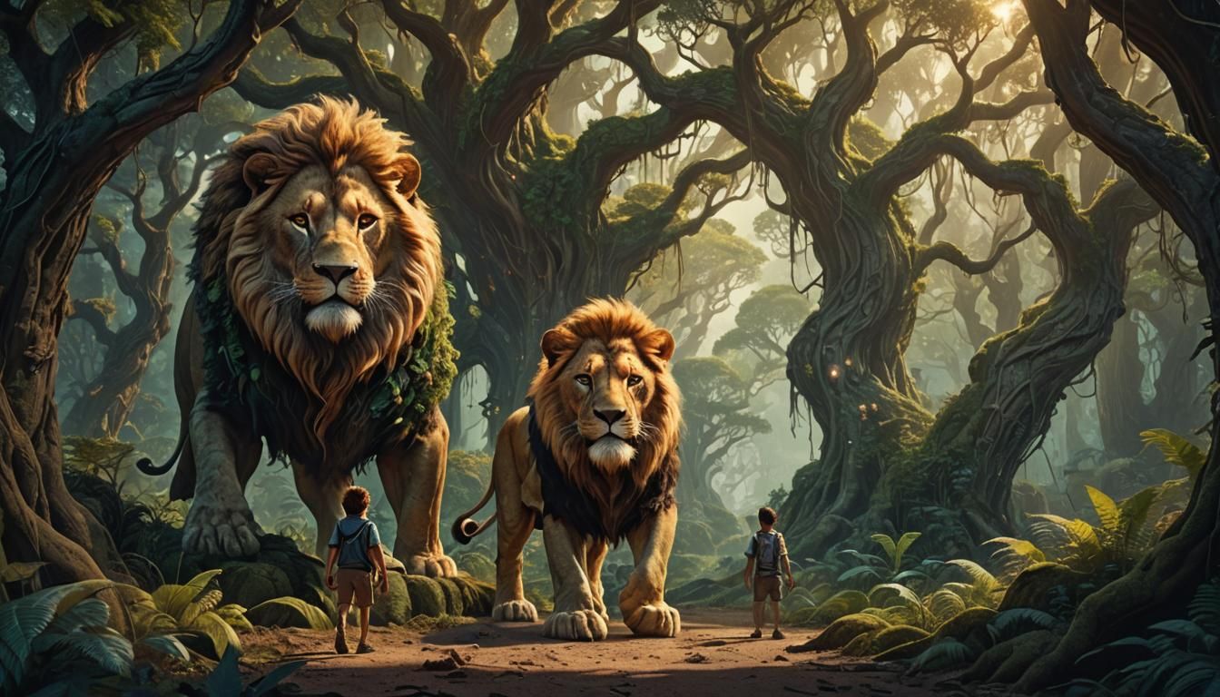 Lion and Boy in Glowing Forest, Digital Art