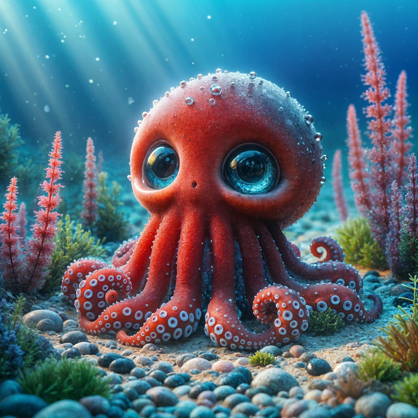 Hyperrealistic Red Octopus in Deep Sea Digital Art