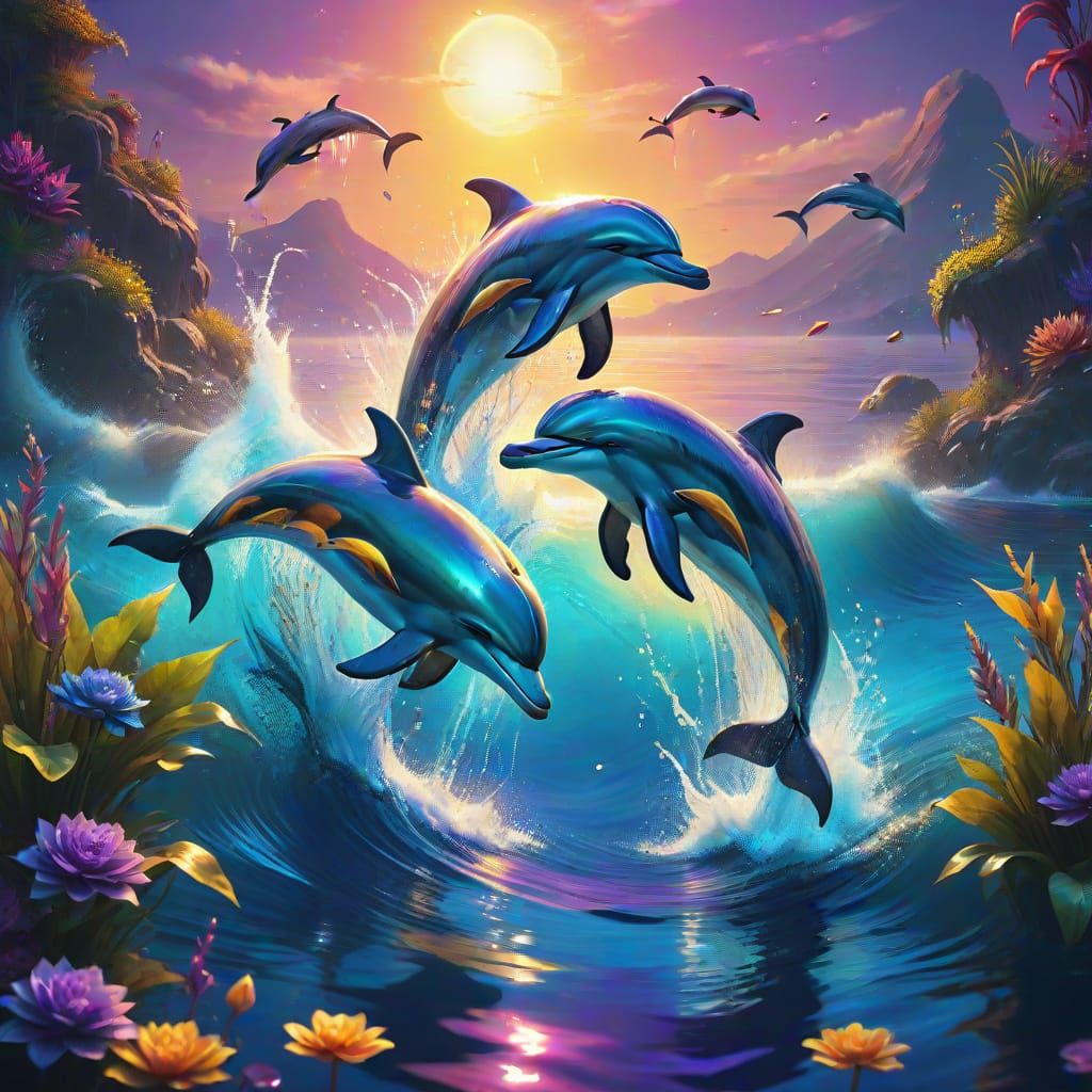 Dolphins Leap in Vibrant Oil Painting with Golden Hour Light