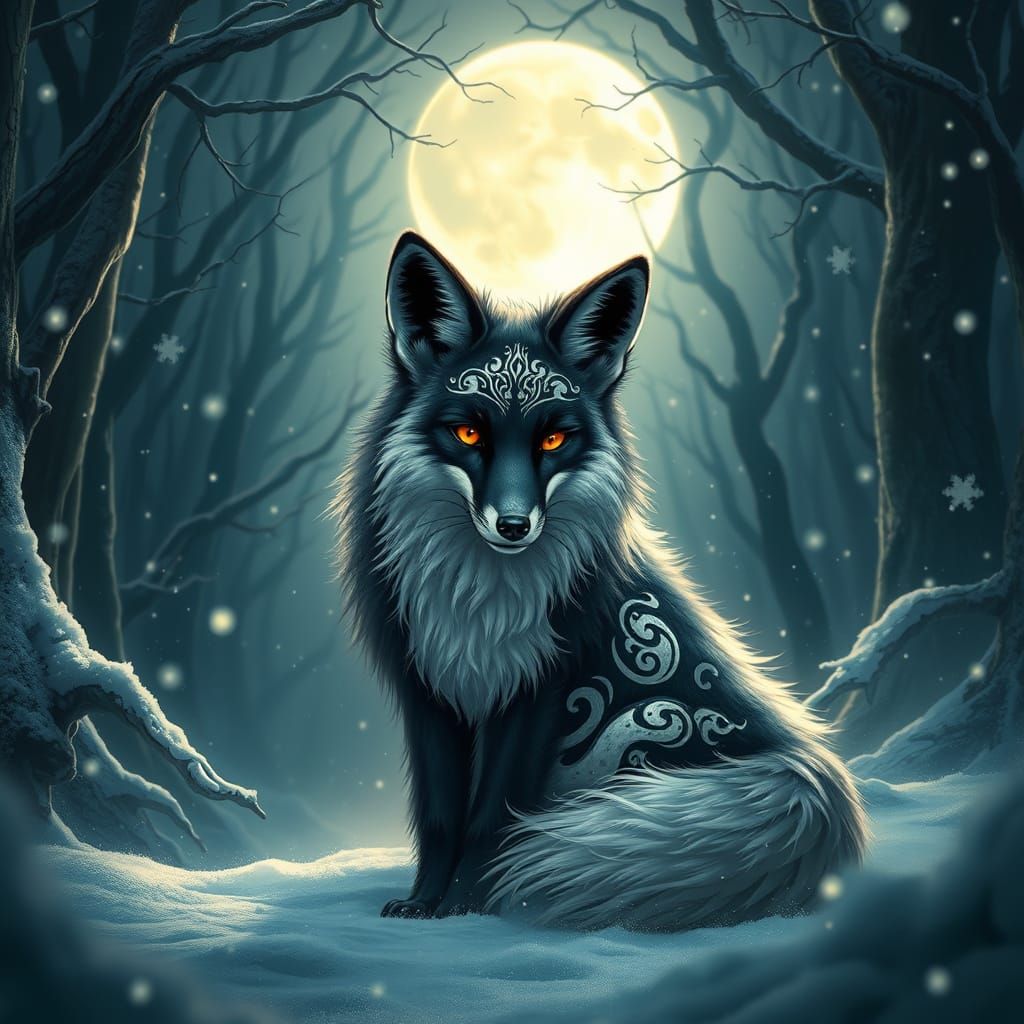 Majestic Black-and-White Fox in Snowy Enchanted Forest