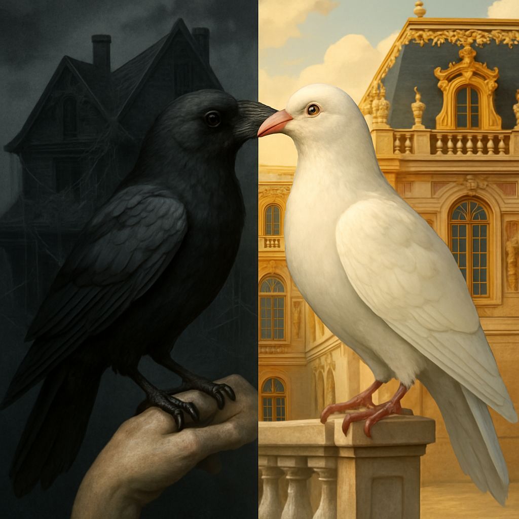 Dark Crow Meets Dove in Split Scene