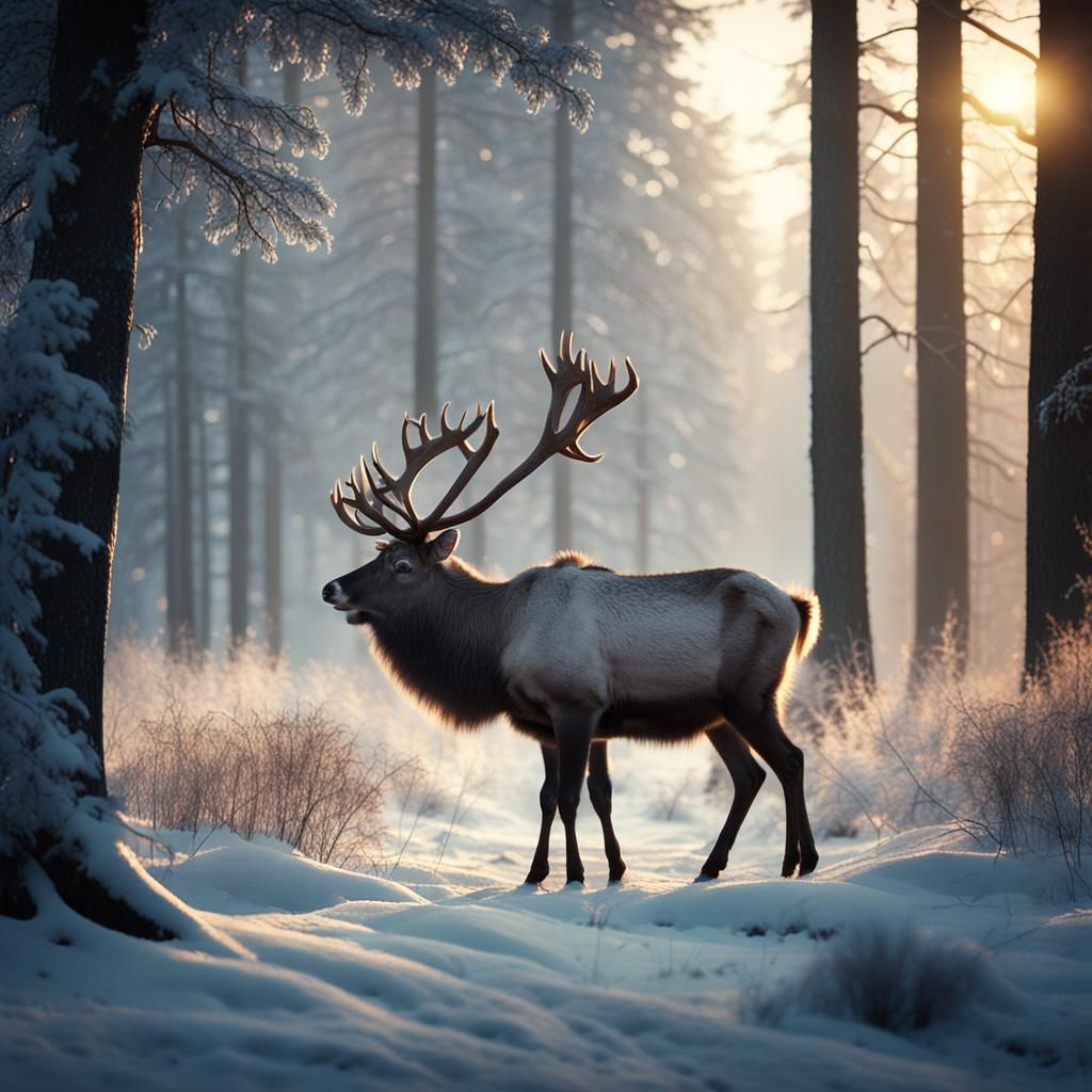 Majestic Reindeer in Misty Forest at Golden Hour