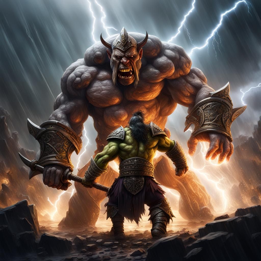 Orc Paladin vs Goliath Barbarian in Lightning Storm