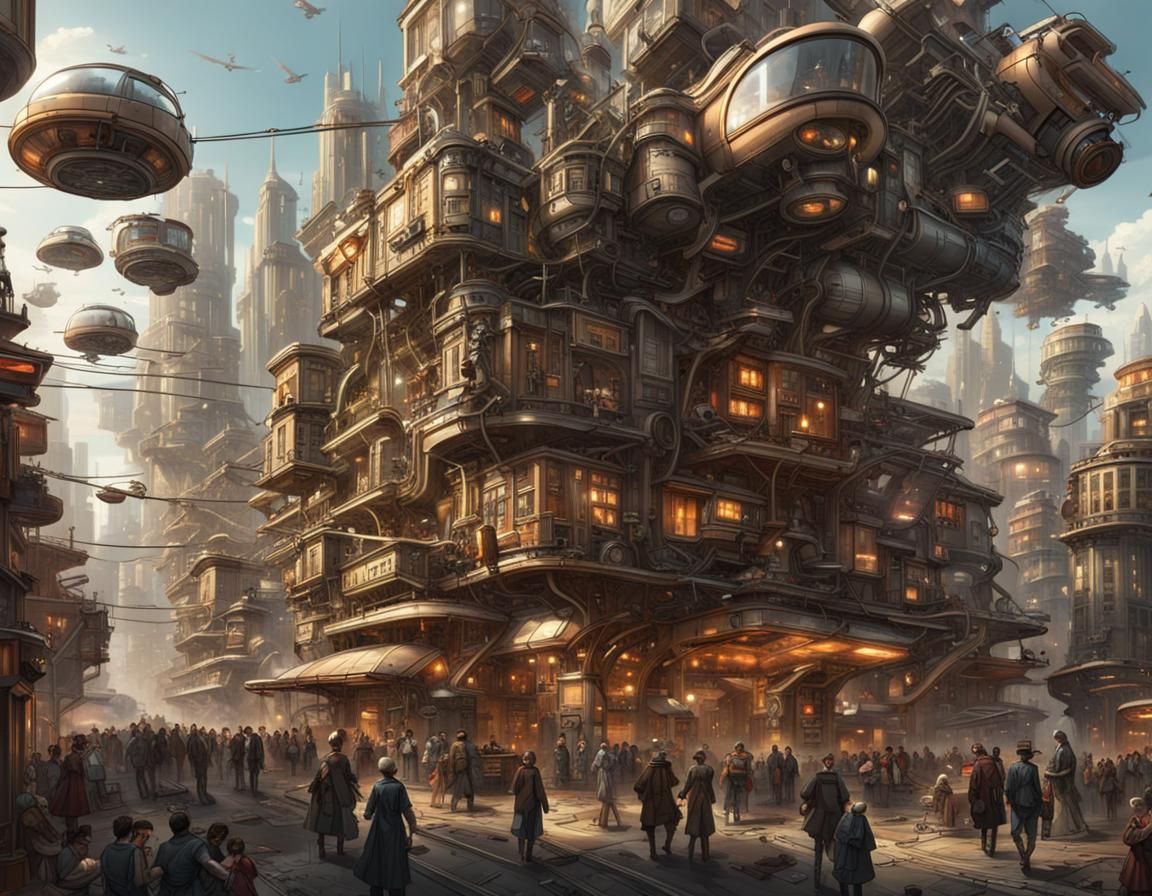 Futuristic Dystopian Cityscape with Steampunk Elements