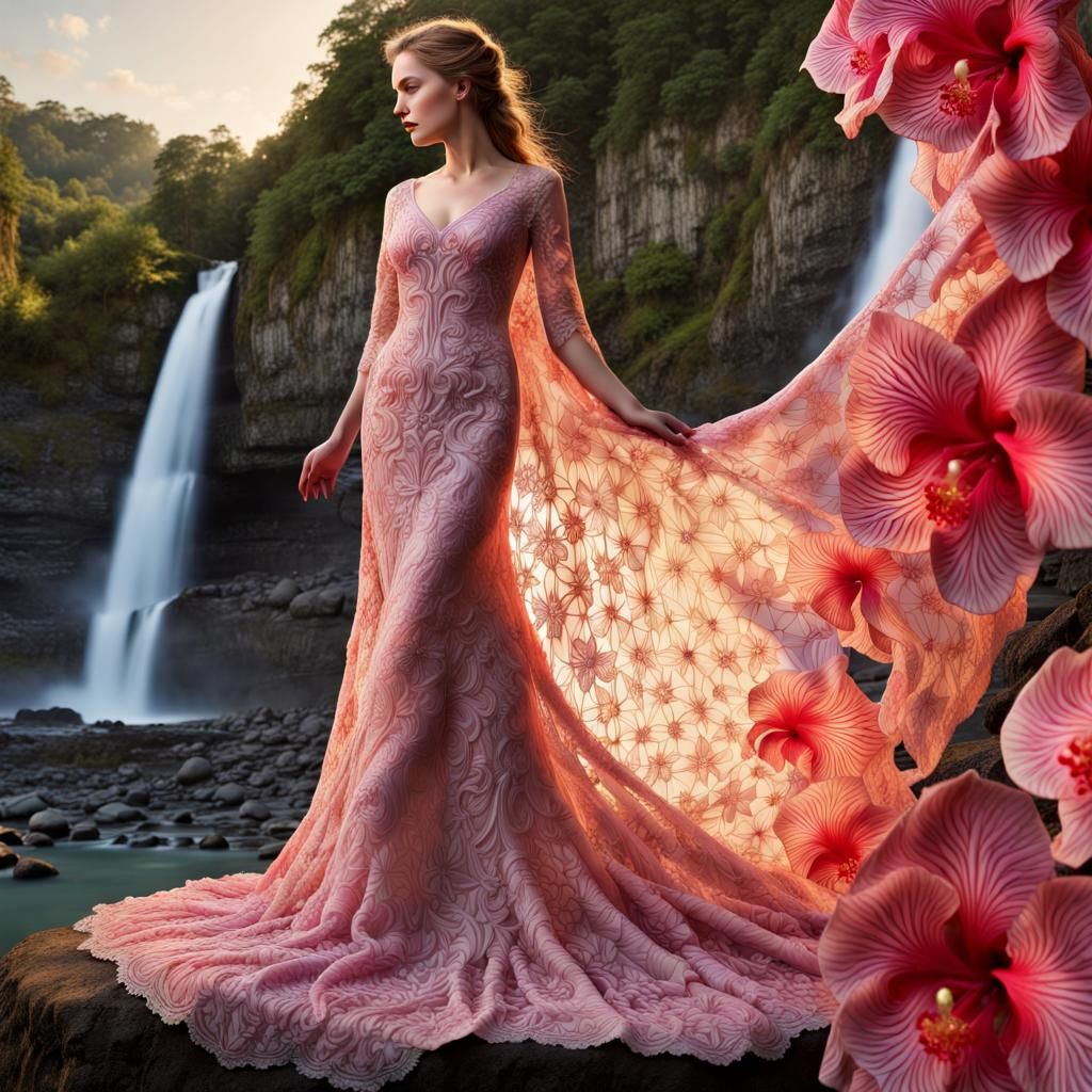 Ethereal Woman in Floral Gown, Japanese Garden