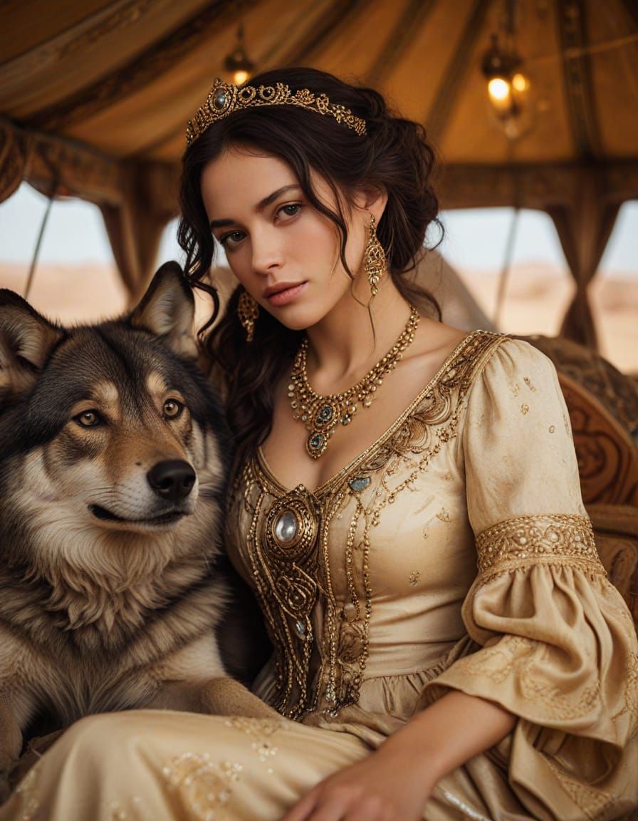 Woman and Wolf in Lavish Tent, Alphonse Mucha Style