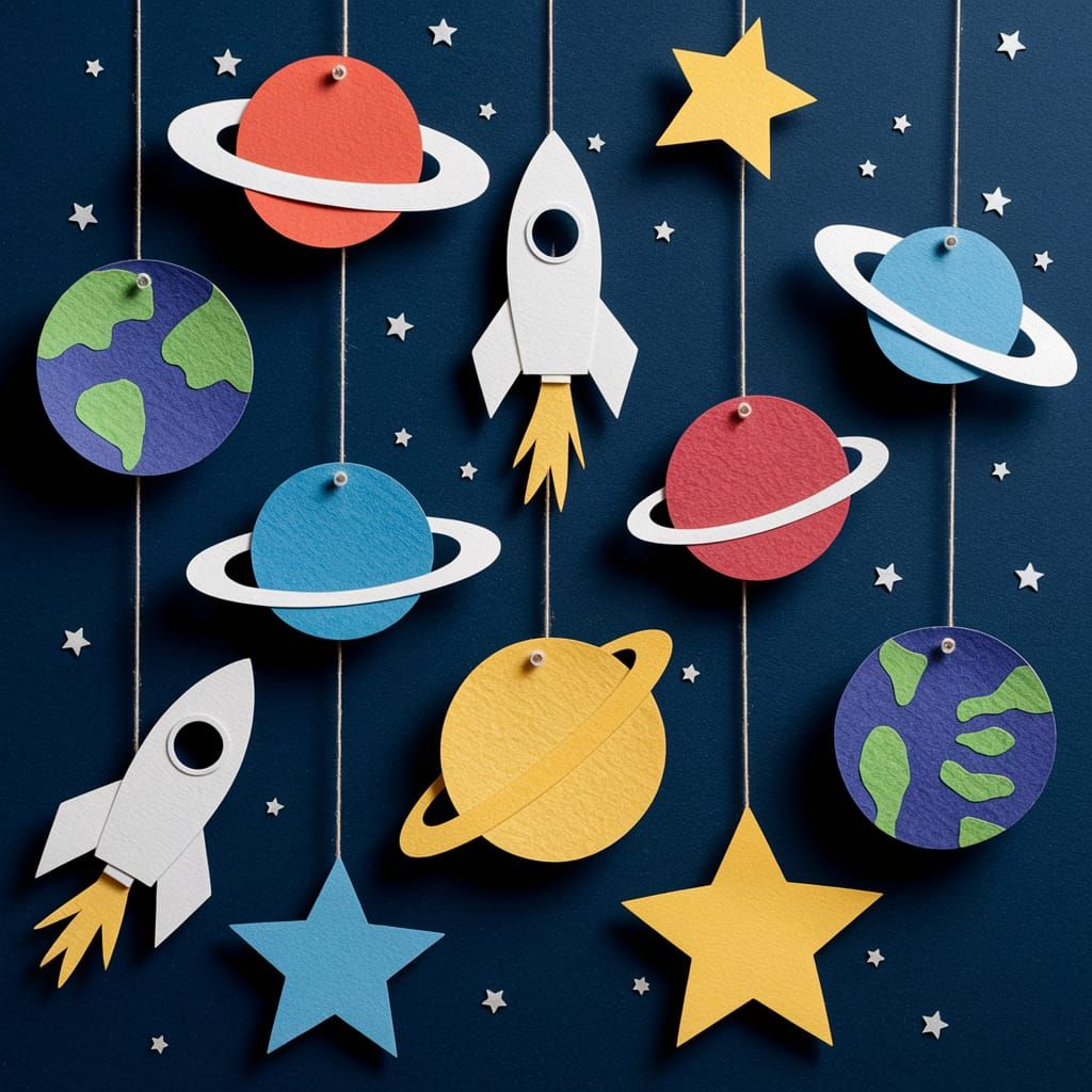 Paper Cut Planets and Stars on Cardboard