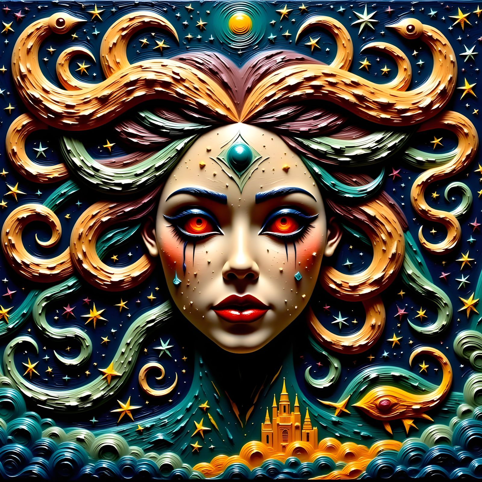 Surreal Goddess Medusa Unfolds in a Kaleidoscopic Dreamscape