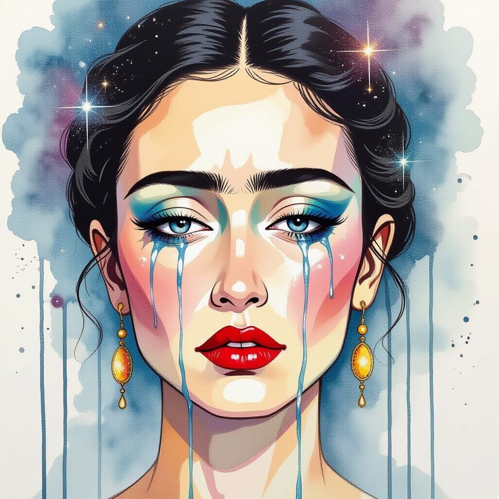 Woman's Face Waterfall: Weeping Galaxies in Watercolor